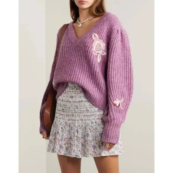 LoveShackFancy Ridge Sweater Floral Embroidered Balloon Sleeve Chunky Knit Berry - Picture 16 of 16